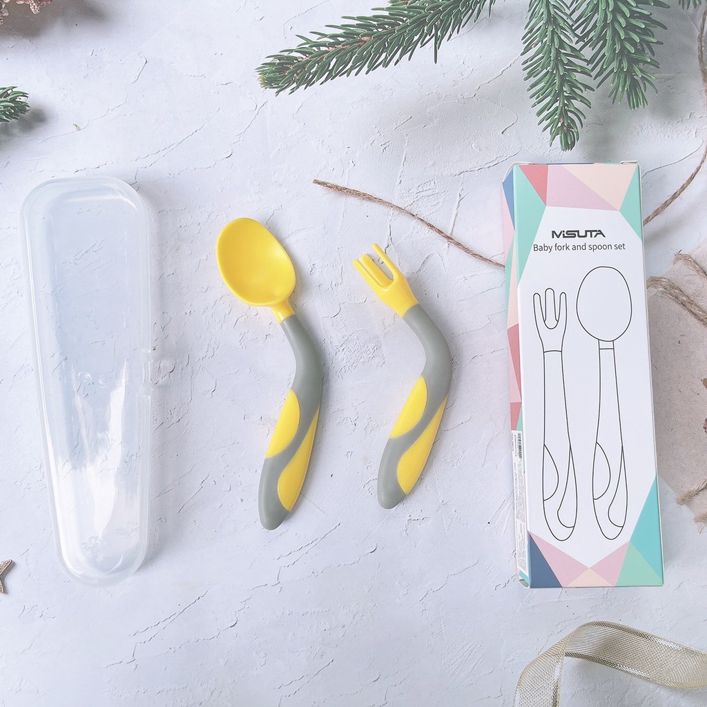 Bộ Thìa Dĩa Ăn Dặm Misuta Bẻ Cong Tập Ăn Tập Xúc Cho Bé Chất Liệu Silicon Cao Cấp
