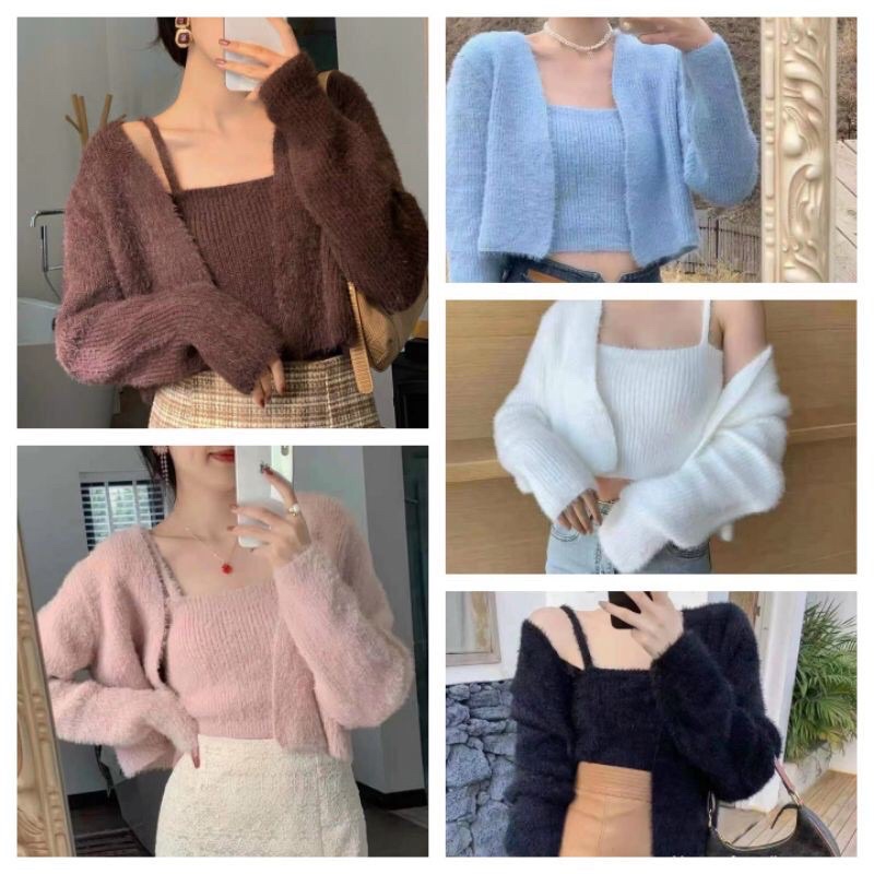 Set Áo 2 Dây Kèm Khoác Ngoài - Set Áo Len Lông Thỏ