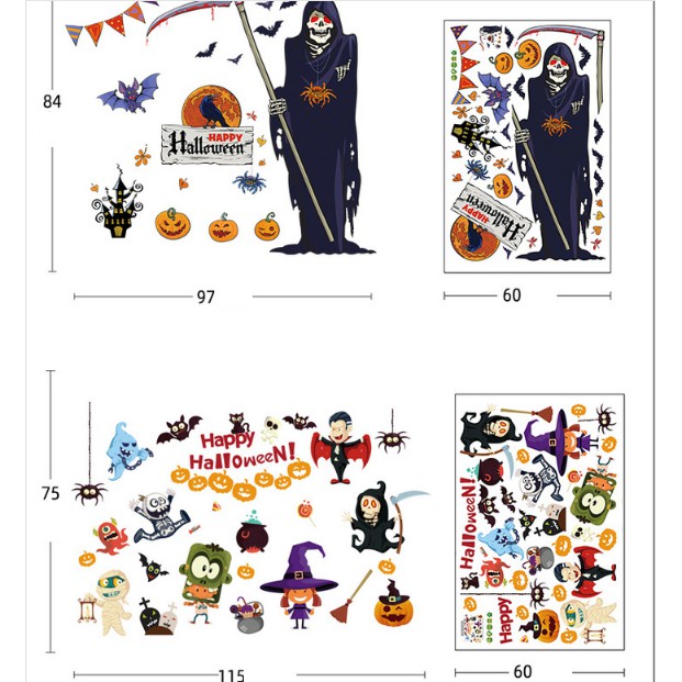 COMBO DECAL DÁN TƯỜNG - Halloween hoạt hình kết hợp Xương Ma