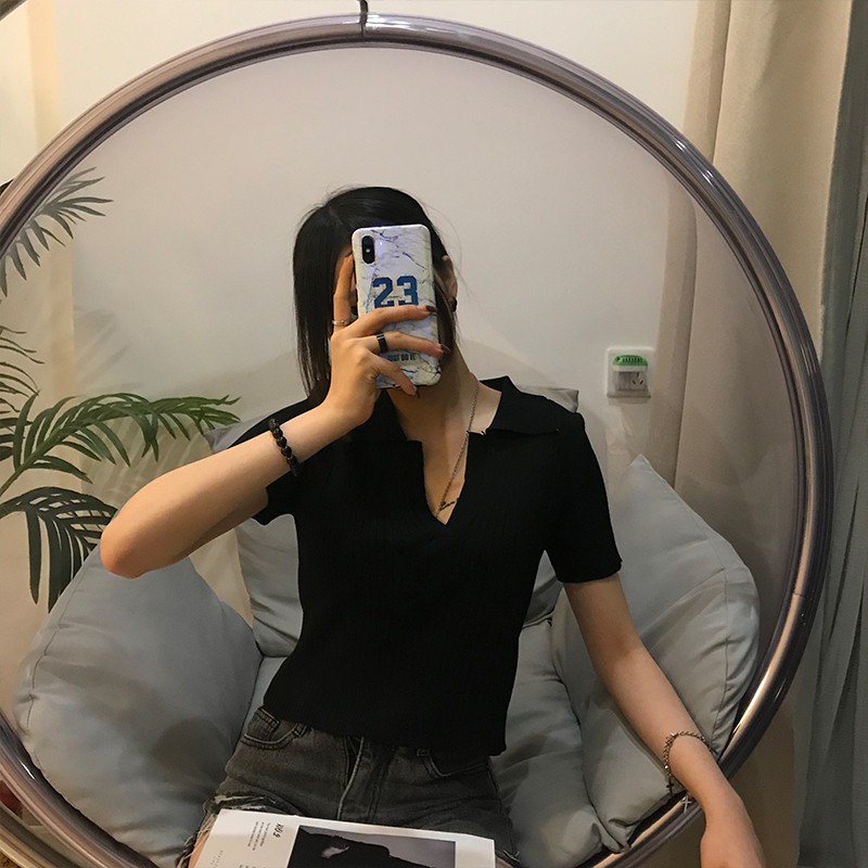Xiaozhainv Áo Thun Lửng Ngắn Tay Có Cổ 4 Màu Tùy Chọn Trẻ Trung Cho Nữ
