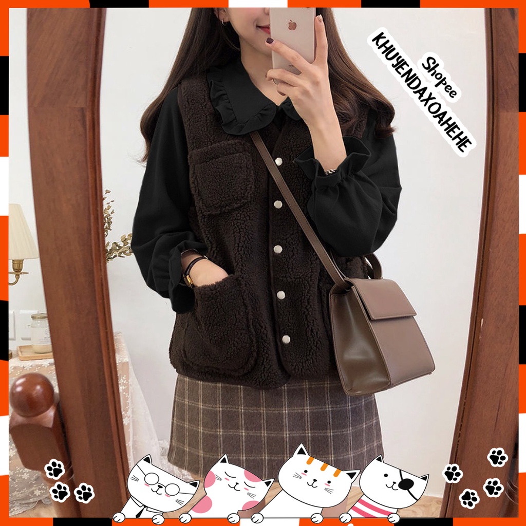 A002 Áo sơ mi nữ đen kiểu Hàn Quốc cổ bèo tay bồng tiểu thư nữ tính, áo ulzzang thô đũi vintage retro lolita búp bê JK | BigBuy360 - bigbuy360.vn