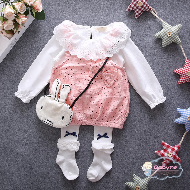 Bộ áo kiểu dài tay ren hoa kèm đàm yếm xinh xắn cho bé gái