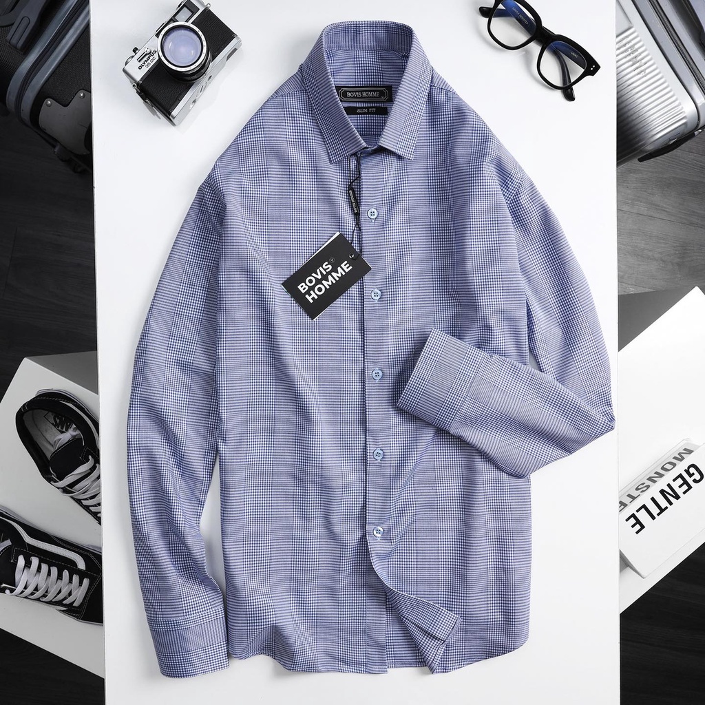 Áo sơ mi nam Bovis Homme tay dài thiết kế caro, Form slim, chất liệu bamboo, vải dày dặn, thấm hút mồ hôi, chống nhăn