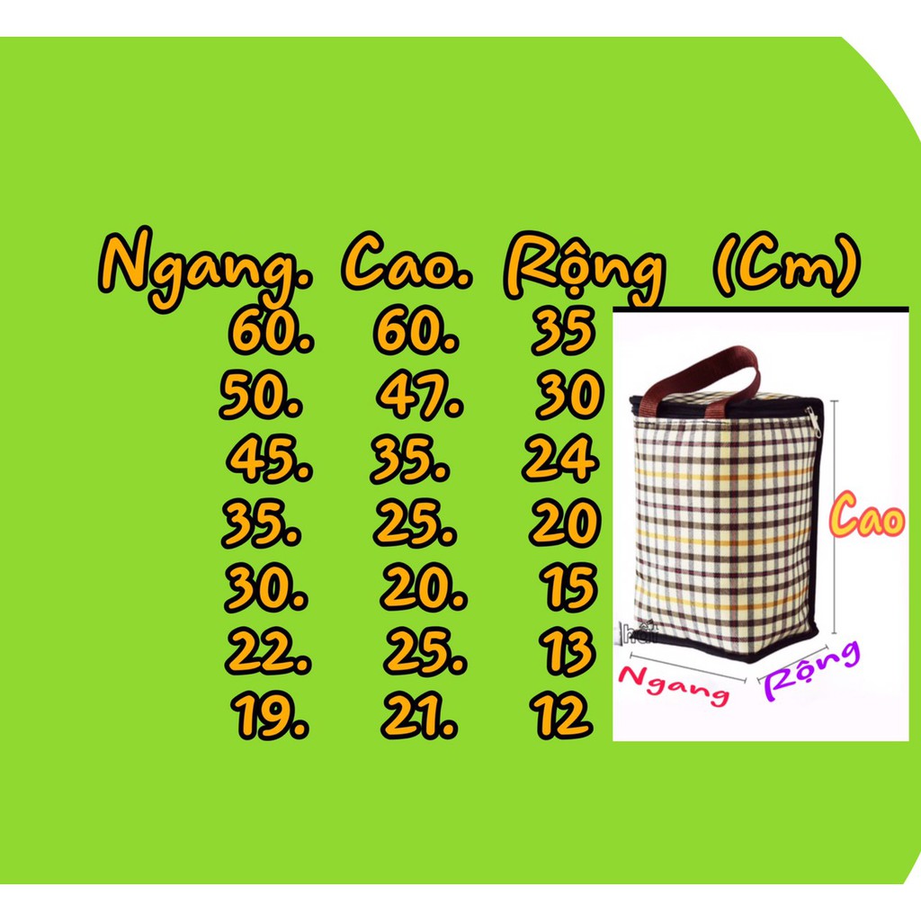 Túi giữ nhiệt lớn Ngang 35 x Cao 25 x Rộng 20 , vải bố dầy, hình hộp ngang, nặng 400gr