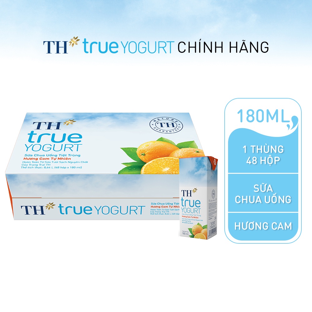 Thùng 48 hộp sữa chua uống tiệt trùng hương cam tự nhiên TH True Yogurt 180ml (180ml x 48)