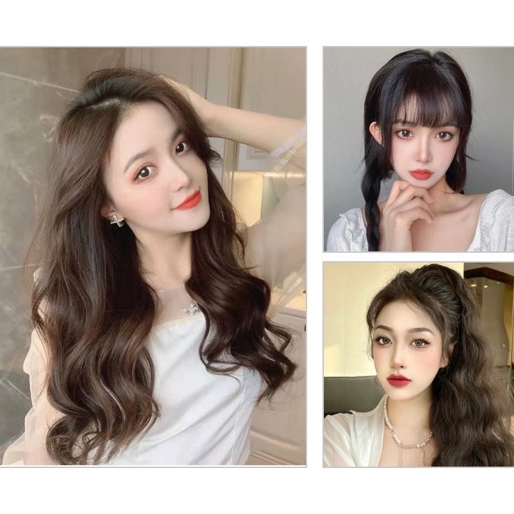 Tóc giả nữ kẹp dải 5 phím xoăn dáng dài chất sợi tơ nhân tạo