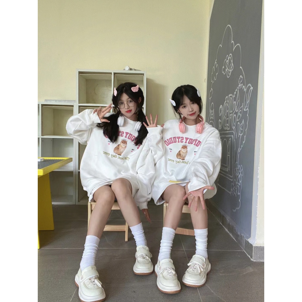 Áo Sweater Cổ Tròn Dáng Rộng In Hình Mèo Đội Vương Miện Dễ Thương Kiểu Mỹ