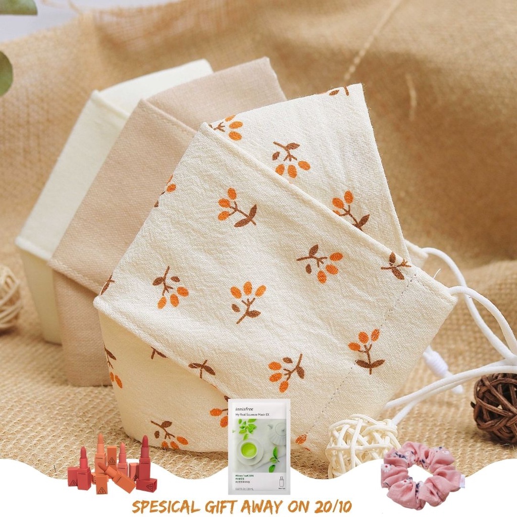 Combo 3 Khẩu Trang Vải Linen 3D Cotton 3 Lớp Hoa Nhí Nhiều Màu Họa Tiết Xinh Xắn