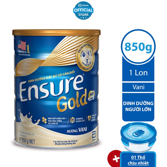 [Tặng 01 Thố chịu nhiệt] Sữa bột Ensure Gold Vani (HMB) 850g/lon