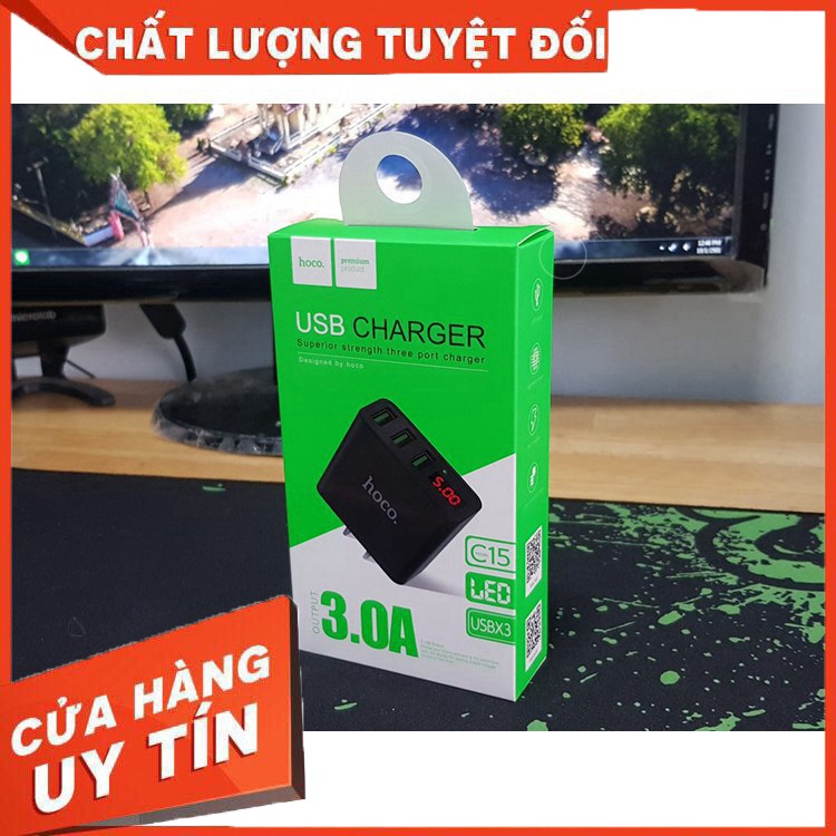 [CHẤT LƯỢNG SỐ 1]  Cóc Sạc 3 Cổng USB Hoco C15 có màn hình LCD hiển thị điện áp - Hàng Chính Hãng