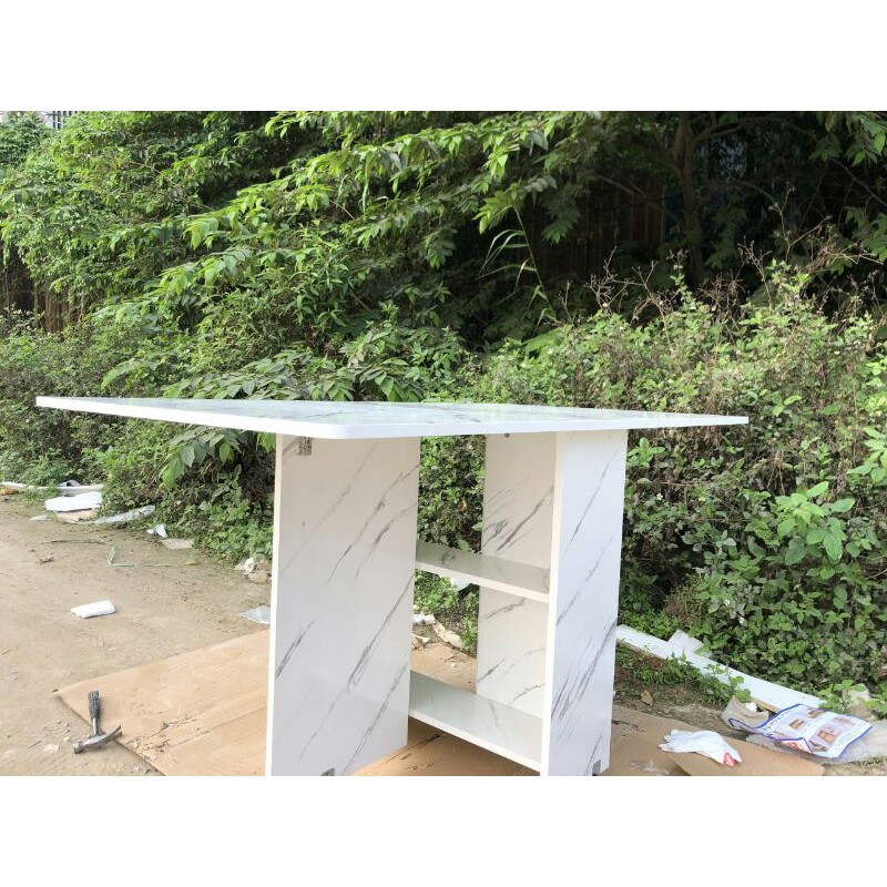 [ẢNH THẬT] Bàn ăn gỗ gấp gọn, Bàn ăn gỗ mặt vân đá có bánh xe dễ di chuyển | BigBuy360 - bigbuy360.vn