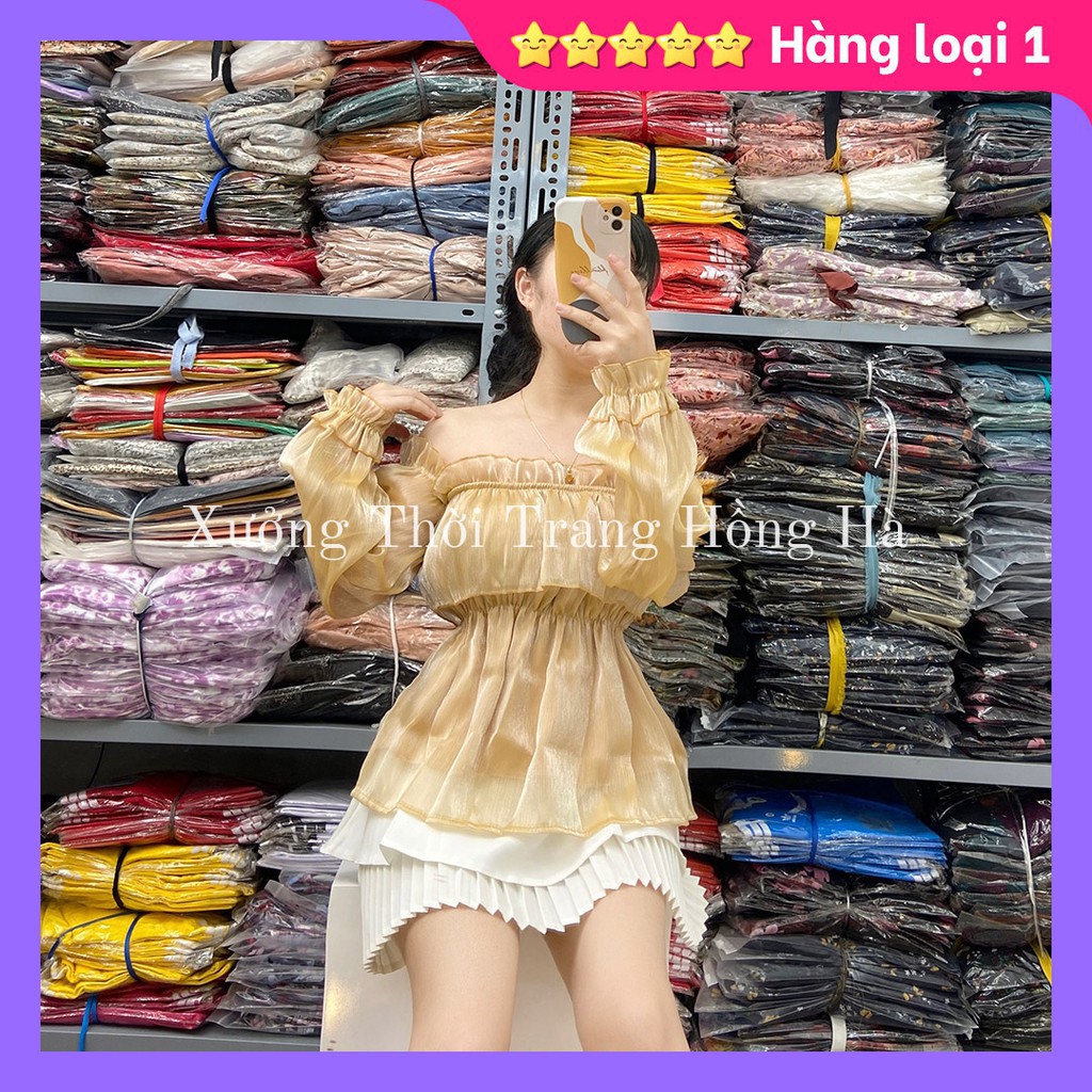 ✅🎯 Ảnh Thật Của Xưởng 100% 🎯✅ Áo croptop trễ vai tay bồng dài siêu dễ thương, Áo Tơ Nhũ Hot 2021 🌸  ྇