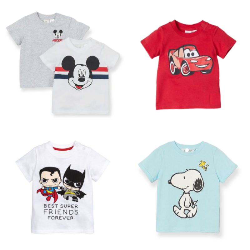 Áo thun cho bé trai bé gái HM xuất dư xịn 100% cotton size trẻ em 1 tuổi - 6 tuổi hình Mickey khủng long xe đua