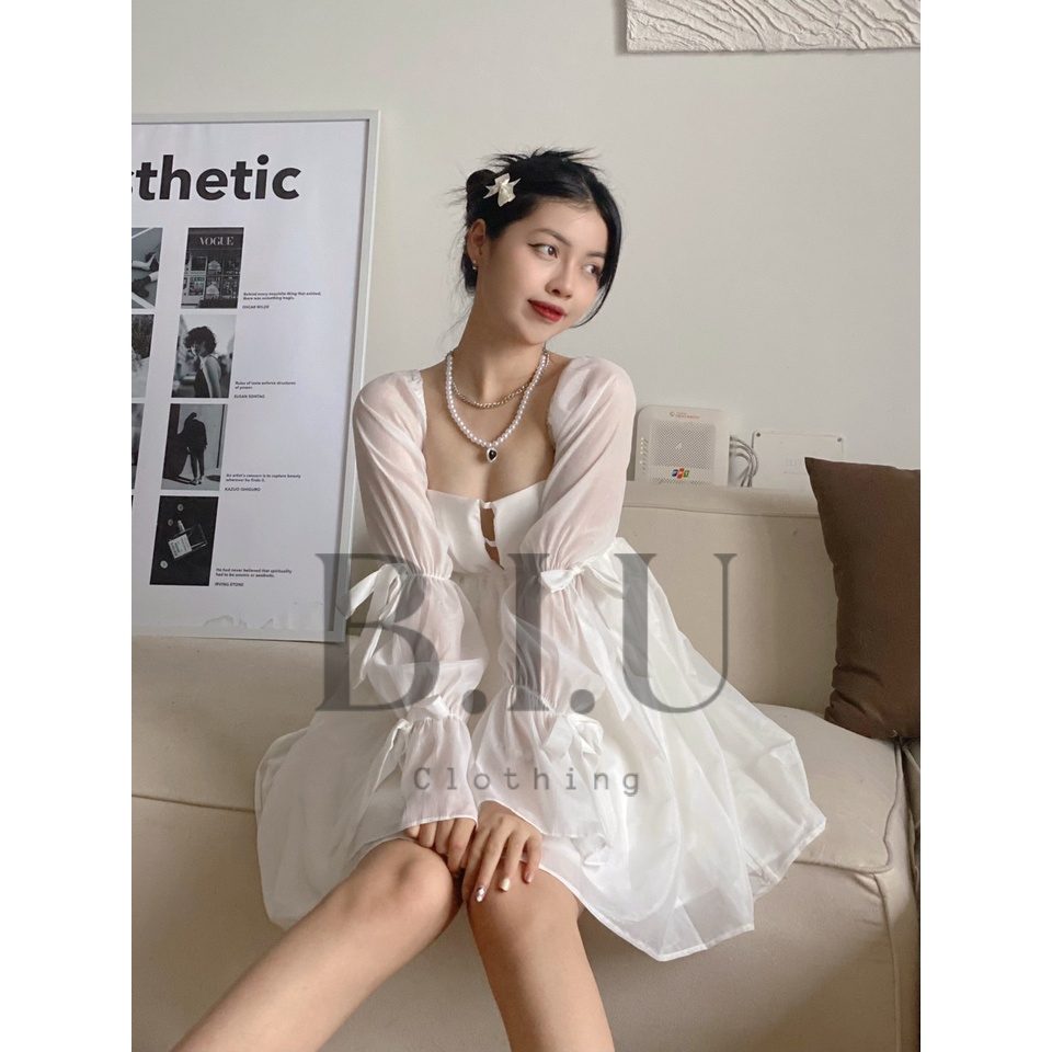 Đầm xòe tay dài loe baby doll nơ khoét ngực lolita chất phi phối voan 2 lớp Weeni dress trắng BB0041 BIU Clothing