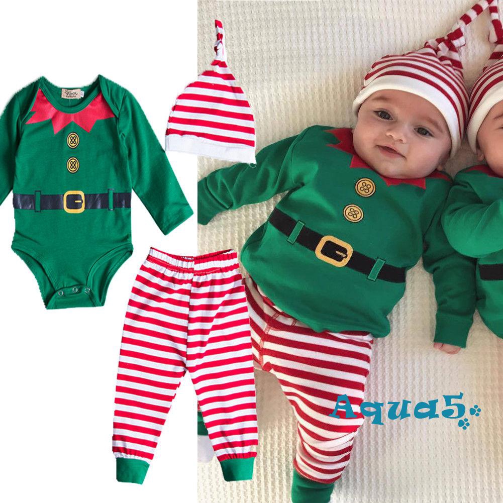 ✿ℛChristmas Newborn Kids Baby Boys Girls Romper Pants Hat Outfits Set Clothes 3Pcs