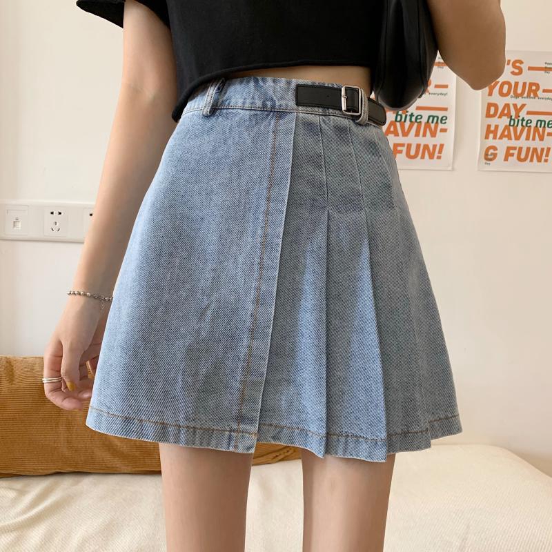 In stock Chân Váy Denim Chữ A Lưng Cao Thiết Kế Xếp Ly Xinh Xắn | BigBuy360 - bigbuy360.vn