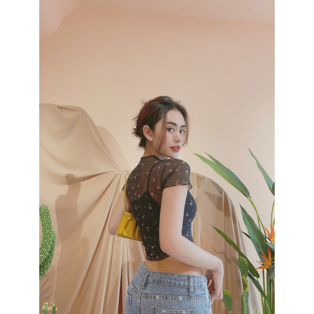 Áo croptop lưới 2 lớp họa tiết xinh/ Croptop 2 lớp siêu xinh