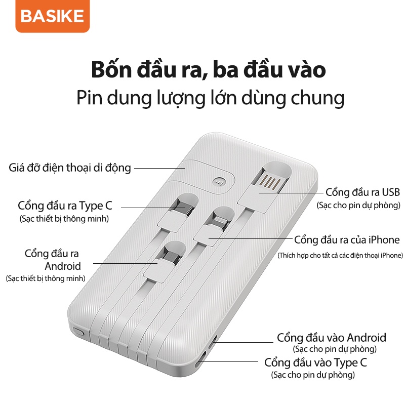 Pin Sạc dự phòng 10000mAh BASIKE đầu ra USB kép nhỏ gọn mang theo đi chơi cho iPhone Samsung Huawei Oppo