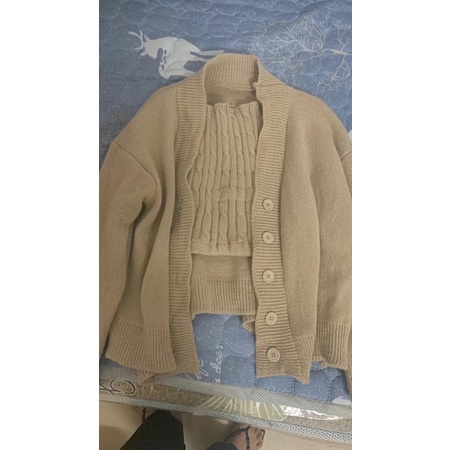 Set Loại 1 Áo Len Cúp Ngực Vặn Thừng Và Áo Khoác Cardigan Dáng Rộng Tiểu Thư