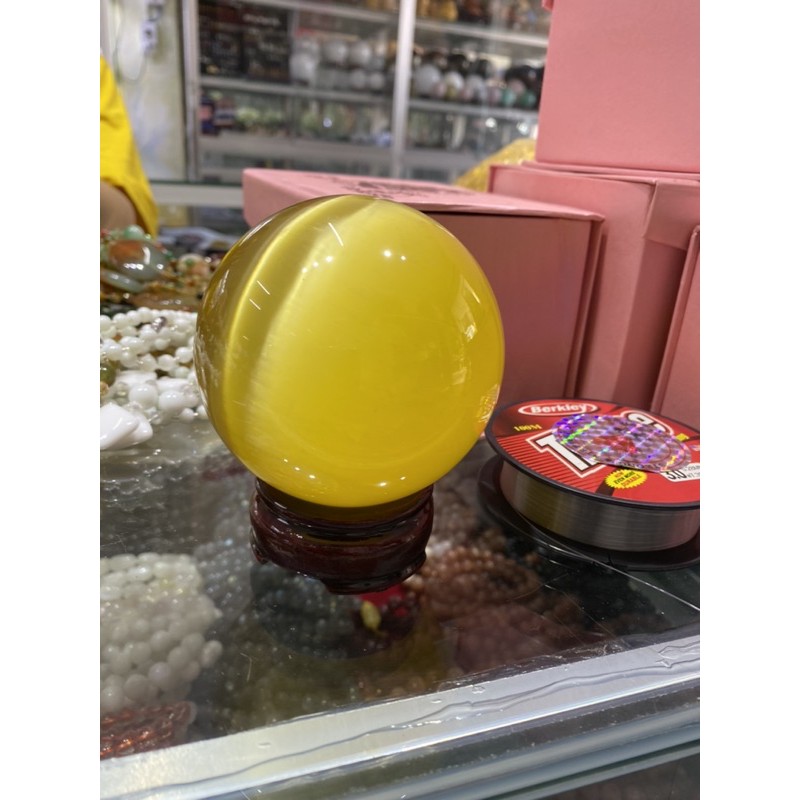 Bi cầu đá mắt mèo vàng hàng đẹp tặng đế loại đẹp