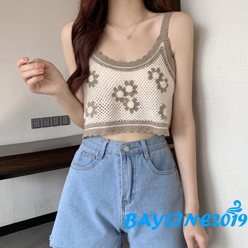 Áo hai dây dệt kim thêu họa tiết hoa thời trang dành cho bạn nữ