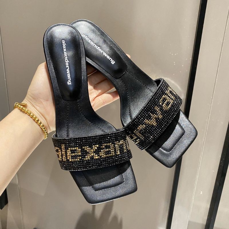 Guốc thời trang nữ mũi vuông quai ngang đính đá chữ Wang Alexander Wang AW gót 5cm