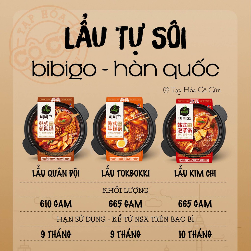 Lẩu tự sôi Hàn Quốc Bibigo đủ 3 vị siêu ngon - Tặng kèm đồ ăn vặt Cô Cún | BigBuy360 - bigbuy360.vn