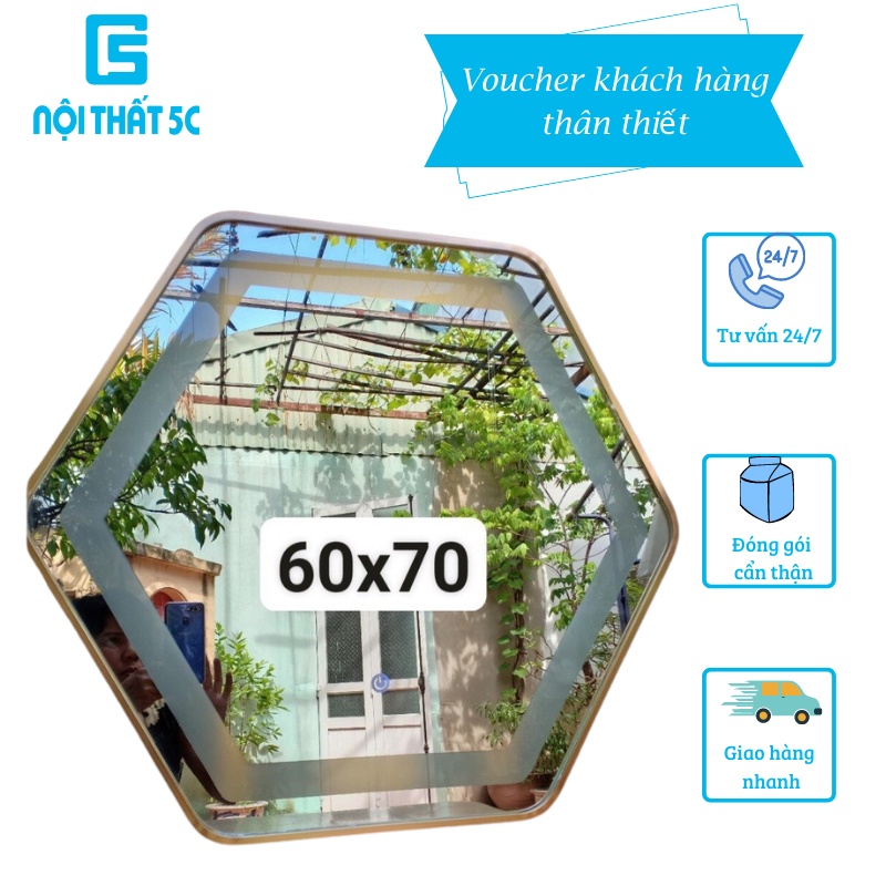 Gương treo tường mạ kim viền kim loại tích hợp đèn LED có nút cảm ứng thông minh gương hình tròn, hình elip, lục giác