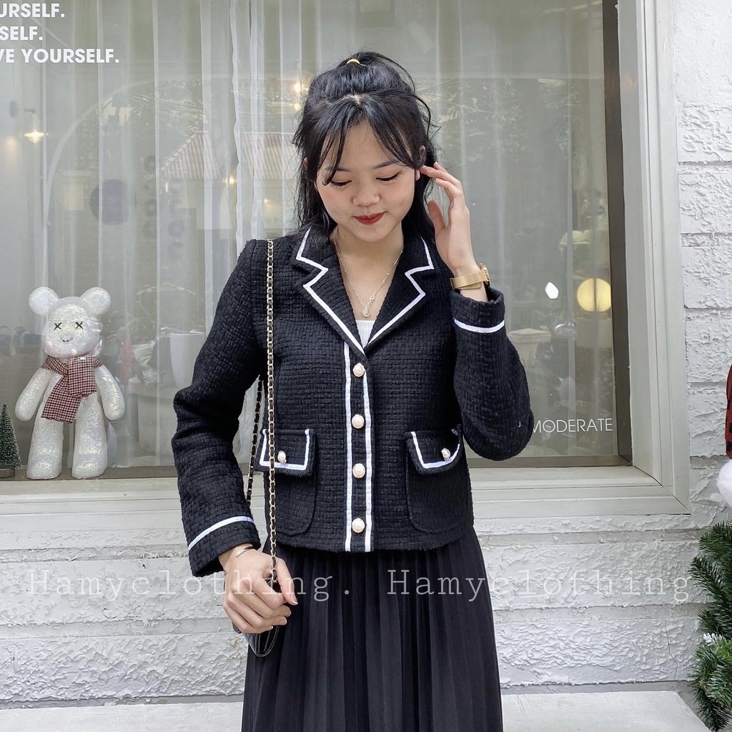 Áo dạ tweed HAMY  A-34 cổ vest dáng lỡ kiểu Hàn quốc vải len màu trắng đen | BigBuy360 - bigbuy360.vn