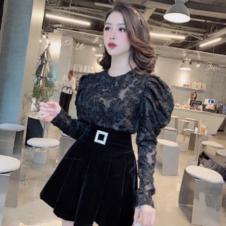Áo voan lông + chân váy nhung