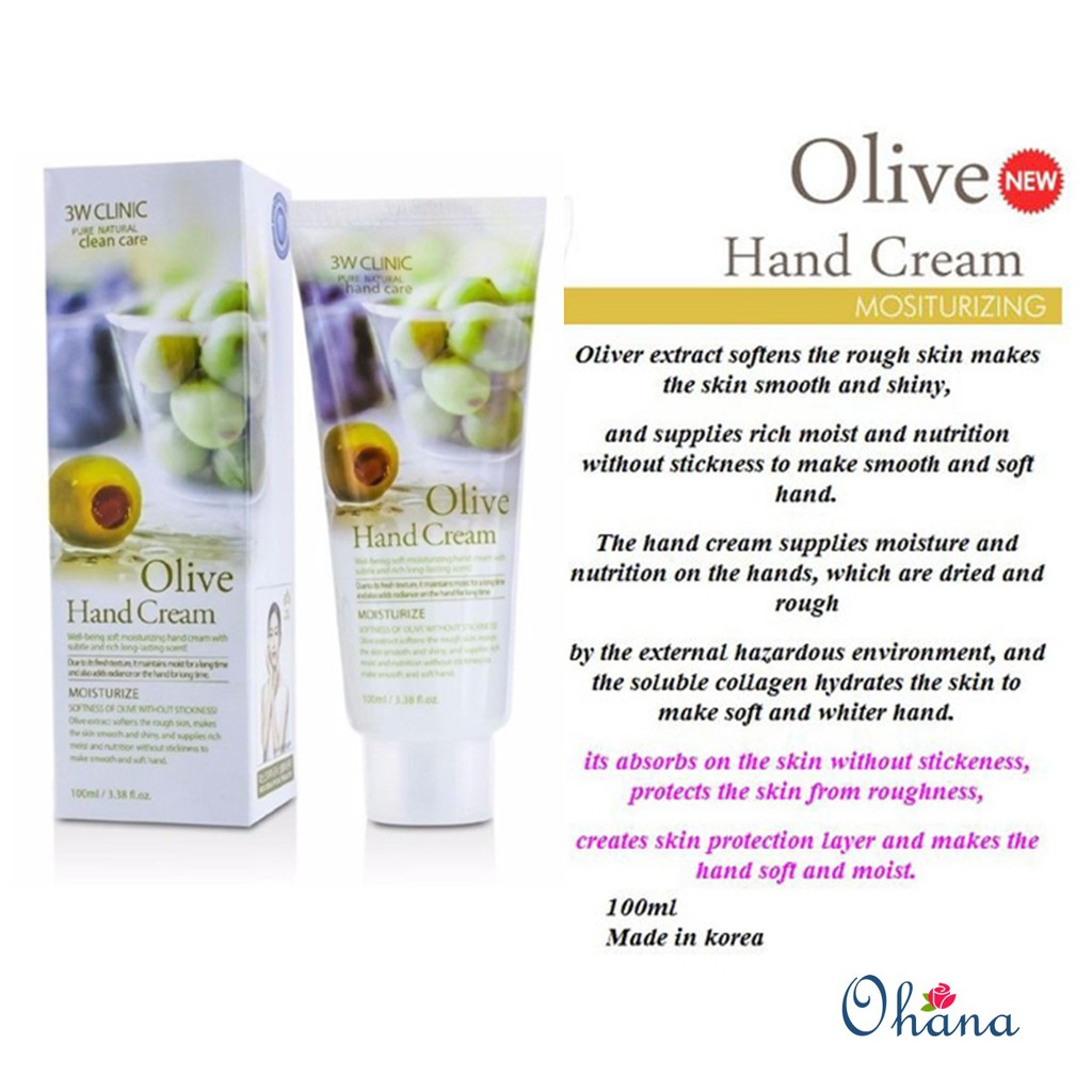 Kem Dưỡng Da Tay Olive 3W Clinic Olive Hand Cream 100ml - Chính hãng