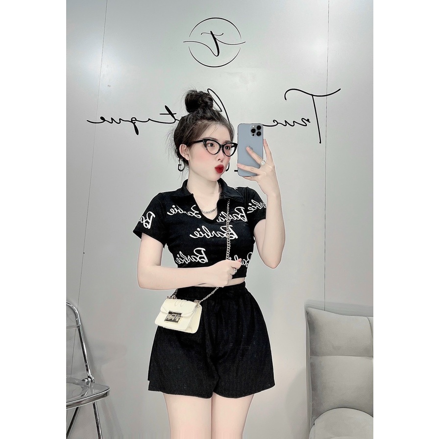 Set áo croptop tay ngắn cổ bẻ quần đùi xòe trơn chữ babie cute hot