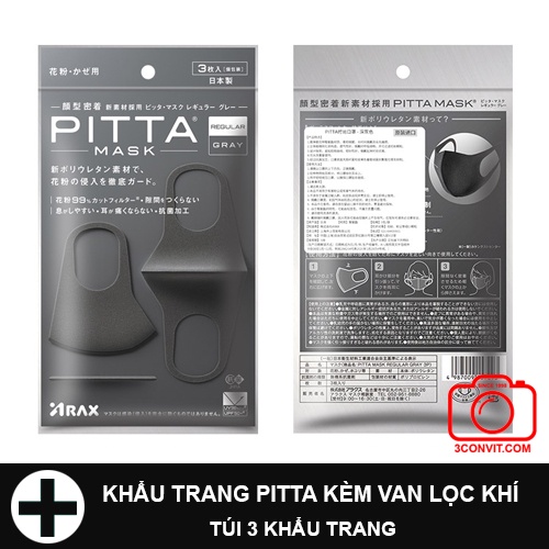 Túi 3 chiếc khẩu trang kèm van lọc khí Pitta