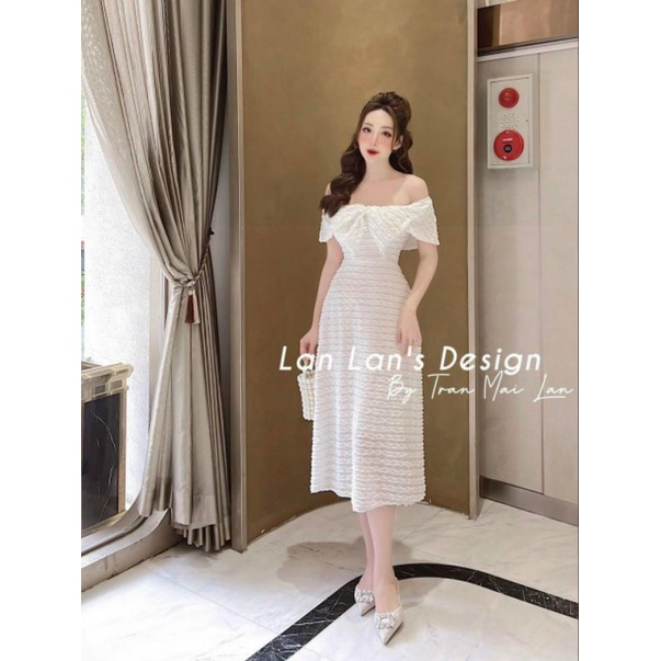 ĐẦM MIDI TRẮNG XỐP TRỄ VAI NƠ NGỰC