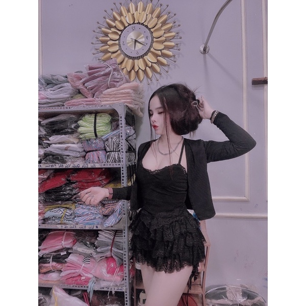 Set áo hai dây + chân váy ren