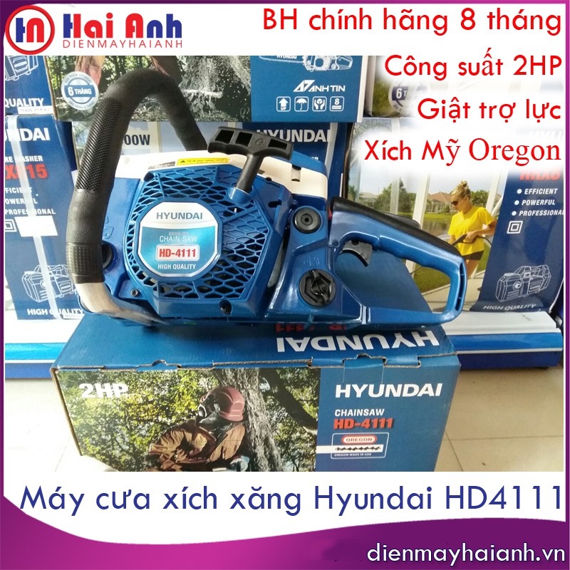 Cưa xích mini cầm tay, chạy xăng cắt xẻ cây gỗ Hyundai HD4111 chất lượng cao, 2HP, lam 40cm, xích Mỹ Oregon
