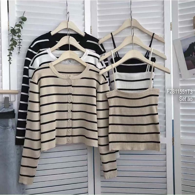 Set cặp áo len sọc áo khoác tay dài kèm áo 2 dây hàng Quảng Châu