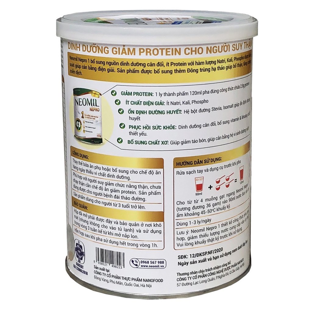 Sữa bột Neomil Nepro 1 400g - Dinh dưỡng giúp giảm protein cho người suy thận