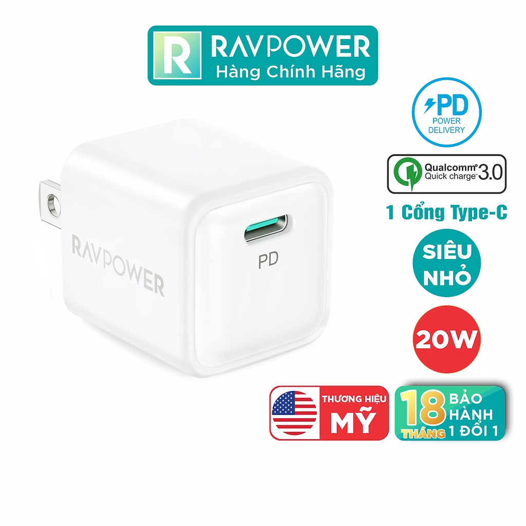 Combo 2 Củ sạc nhanh RAVPower 1 cổng - 20W PD/PPS/QC [RP-PC150]