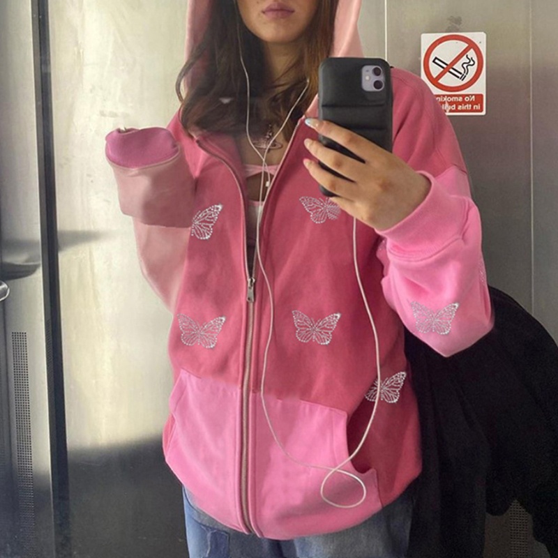 Áo khoác có nón dây rút đính đá phong cách harajuku cho nữ