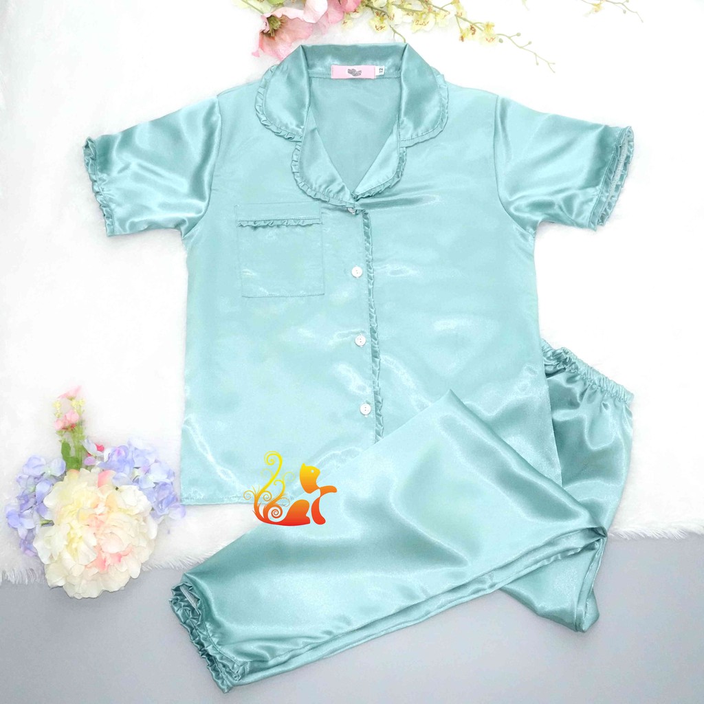 Đồ Bộ Mặc Nhà Pijama Phi Lụa " Viền Bèo " Quần Dài Cao Cấp - Từ 38kg - 48kg - Size12. | BigBuy360 - bigbuy360.vn
