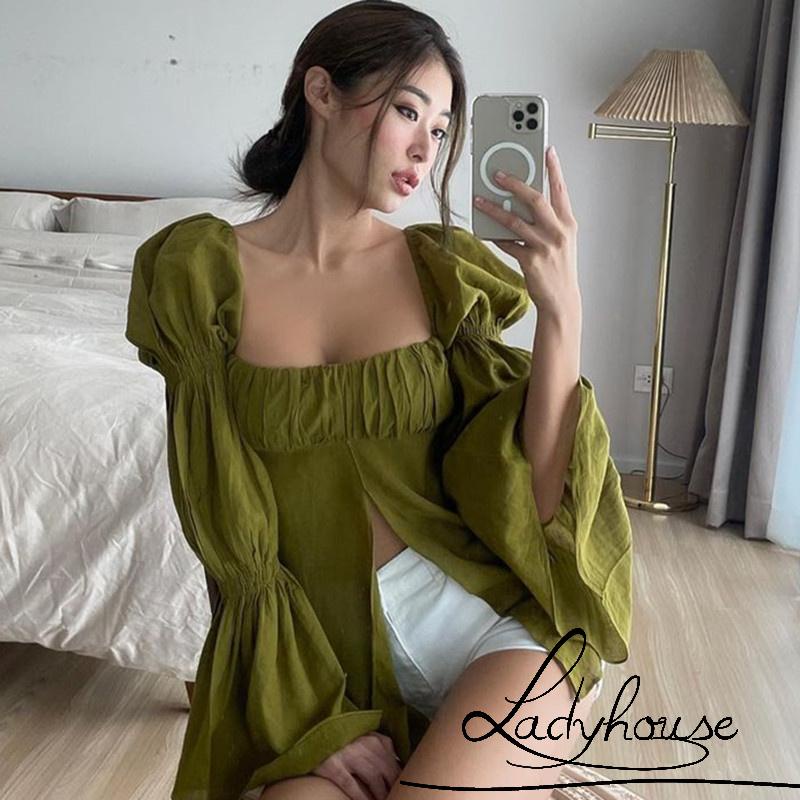 Áo kiểu tay dài ống loe cổ vuông màu trơn xẻ tà trước thời trang xuân thu cho nữ
