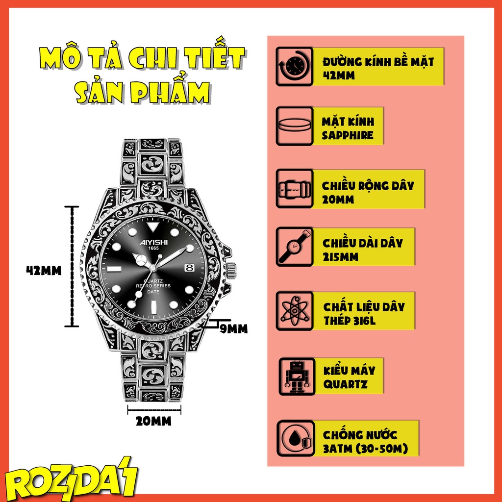 Đồng hồ nam chính hãng đẹp dây thép cao cấp giá rẻ thời trang cổ diển chống nước Rozida'1 DH06 | WebRaoVat - webraovat.net.vn