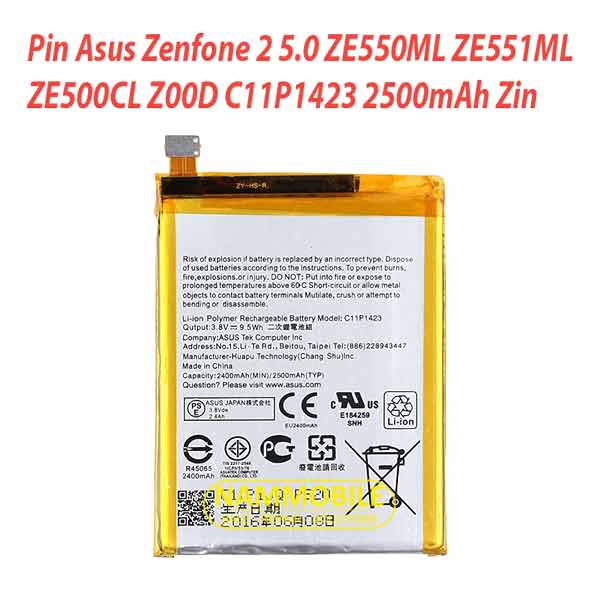 Pin Asus Zenfone 2 5.0, ZE550ML, ZE551ML, ZE500CL, Z00D C11P1423 2500mAh Zin chính hãng + Tặng Keo Dán Pin + FreeShip