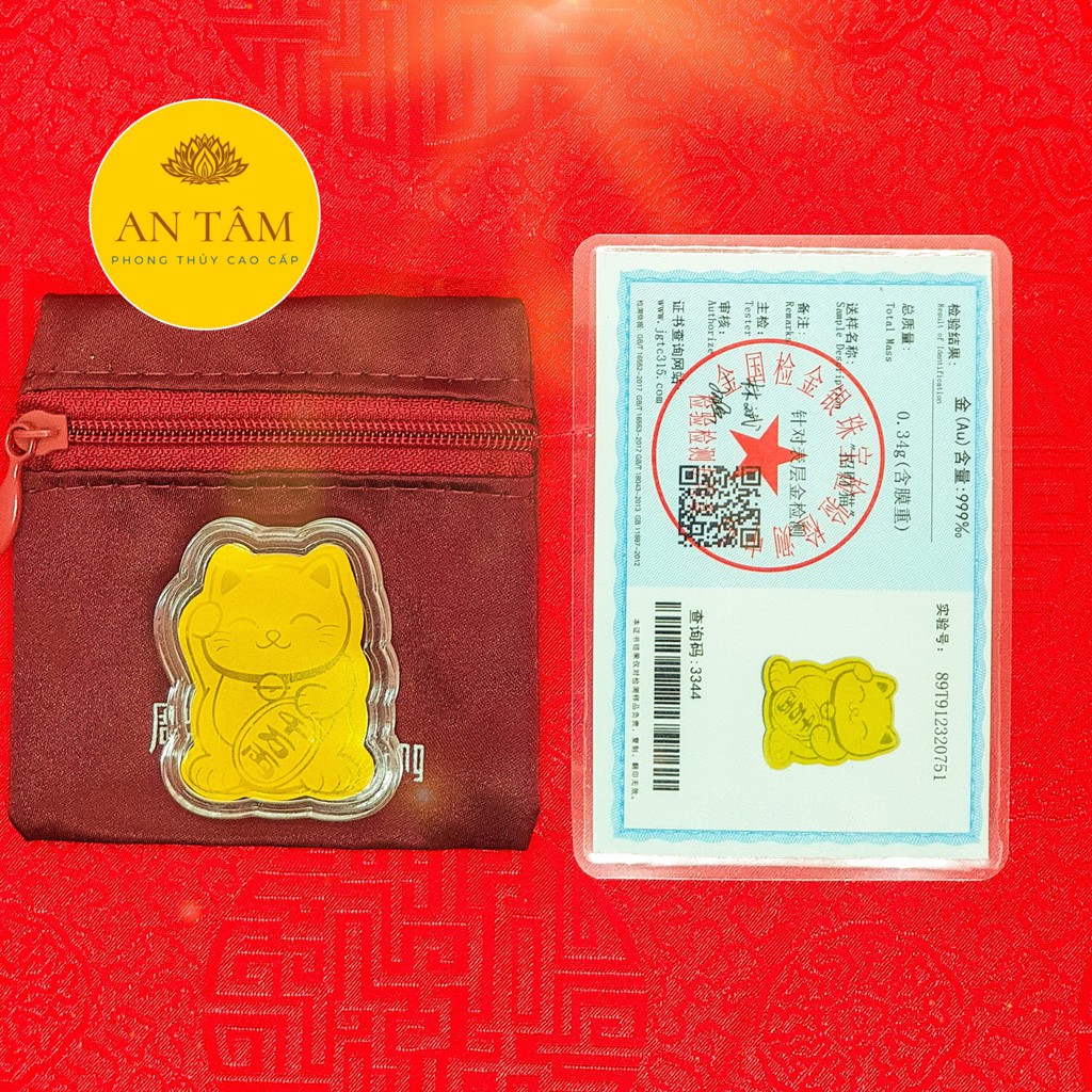 LÁ VÀNG MÈO CHIÊU TÀI HÚT LỘC 9999 KÈM TÚI