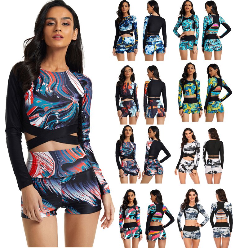 Bộ Đồ Bơi Áo Croptop Tay Dài + Quần Dài Chất Liệu Khô Thoáng Nhanh Thời Trang Quyến Rũ Cho Nữ