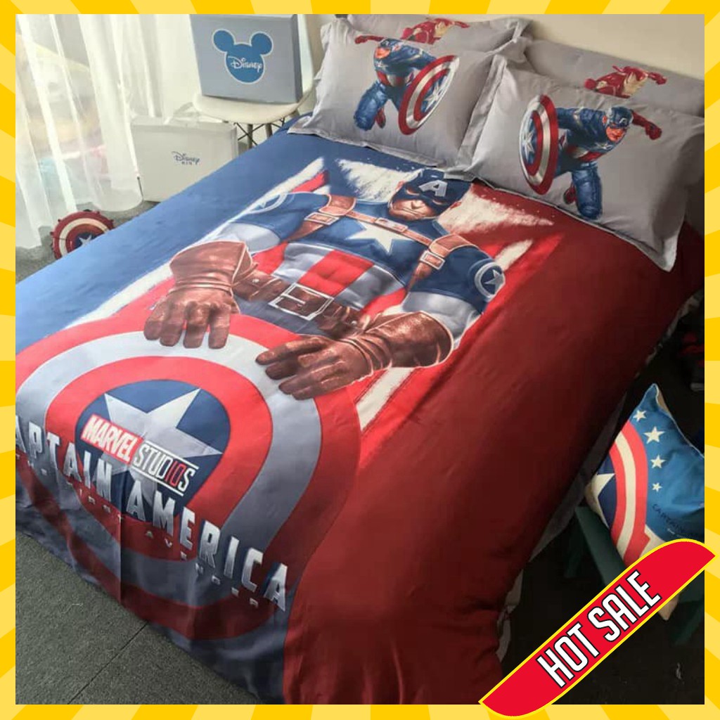 Bộ Chăn ga gối 4 món cotton 100% disney trẻ em mát mềm không bí xuất khẩu captain america