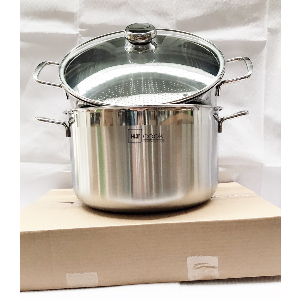 Bộ nồi xửng hấp inox HT Cook 1 đáy từ nắp kính (28cm), tặng 2 vá canh, bếp từ , gas, hồng ngoại