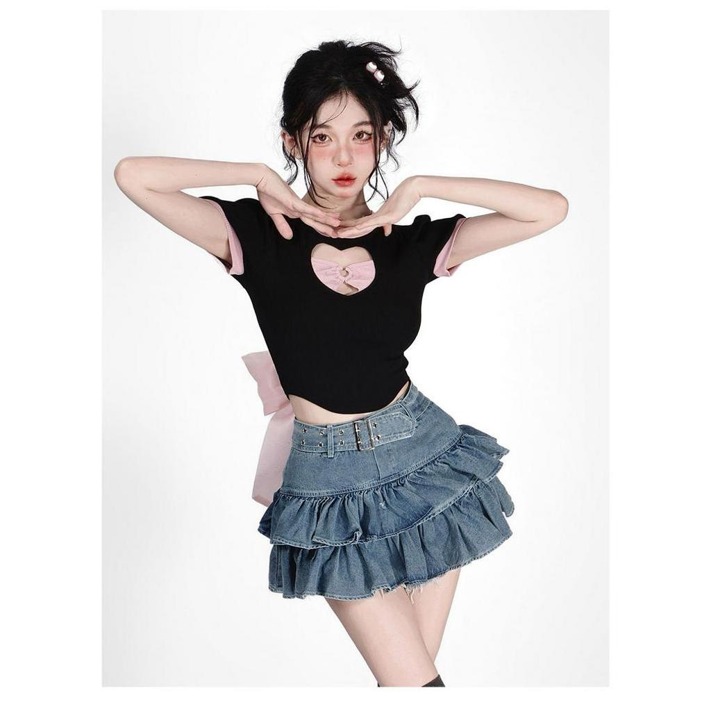 Áo thun croptop ZWQFP ngắn tay cổ tròn hở lưng phối dây nơ trước ngực thời trang