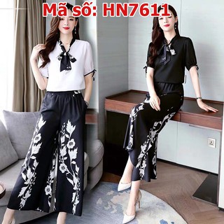 ⚡️ có đủ size ⚡️ HN7611 SET BỘ ÁO CỘT NƠ QUẦN ỐNG RỘNG HỌA TIẾT SANG TRỌNG CÓ SIZE LỚN - HÀNG NHẬP KHẨU